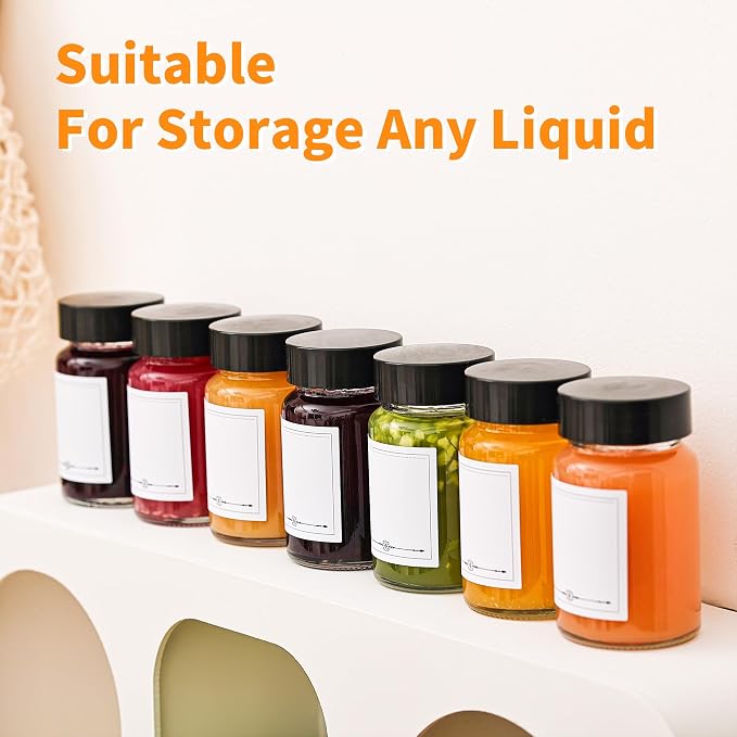 Glxgow 16 Pack 2 oz Glass Shot Bottles with Black Lids & Labels, Wide Mouth 60 ml Small Glass Bottles for Ginger, Leakproof Travel Mini Clear Jars for Wellness Shot, Juice - Dishwasher Safe