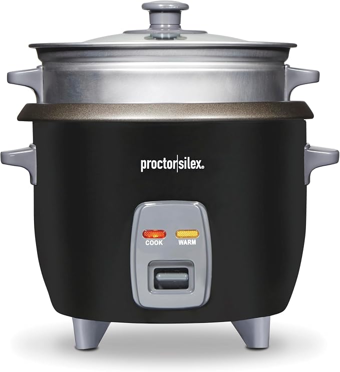 Proctor Silex Rice Cooker & Food Steamer, 6 Cups Cooked (3 Cups Uncooked) | Includes Aluminum Steam and Rinsing Basket , Measuring Cup & Spatula| Easy 1 Touch Controls | Black | 37510MN