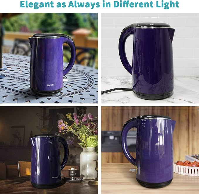 Secura Original Stainless Steel Double Wall Electric Water Kettle 1.8 Quart with Auto Shut-Off & Boil-Dry Protection, Dark Purple SWK-1701DP/HB-3227B