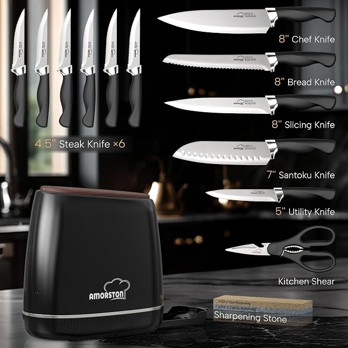 Knife Set, Amorston 14-Piece Kitchen Knives Set with Block & Sharpening Stone, Stainless Steel Dishwasher Safe, Knife Block Set with Ergonomic Handle, Professional Kitchen Knives for Home Cooking