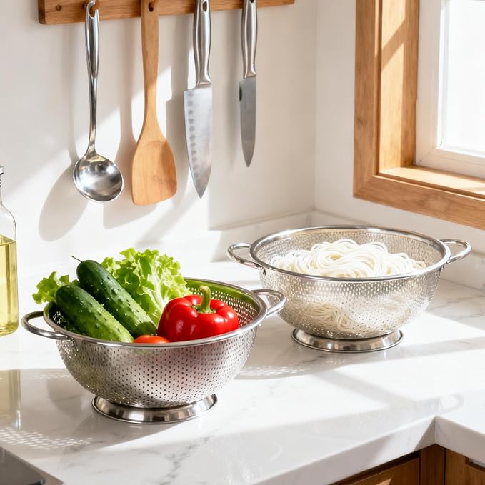 304 Stainless Steel Colander, Micro-Perforated 5-Quart Strainer with Base, Dishwasher Safe. Great for Pasta, Noodles, Vegetables & Fruits