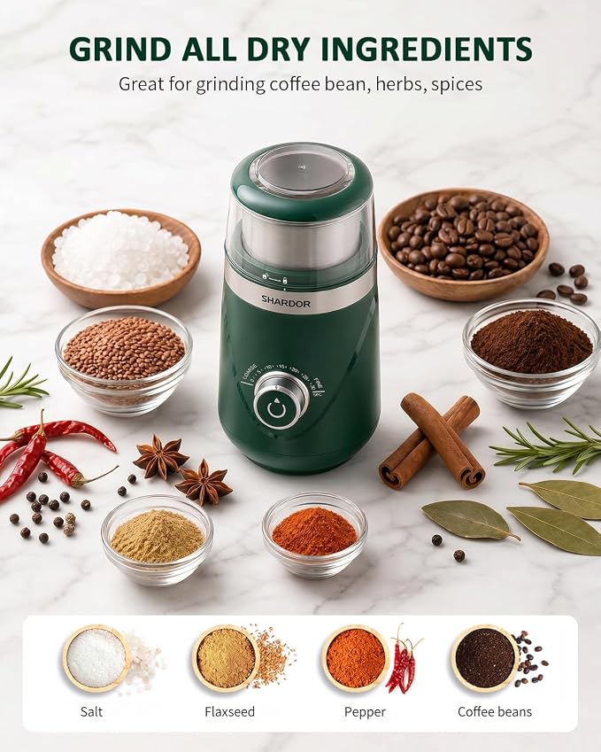 SHARDOR Electric Super Silent Blade Coffee Grinder, Timed Grind Control Rotary Knob, Adjustable Coarse to Fine for Coffee Beans, Spices & Herbs, with 2 Removable Stainless Steel Bowl, Green