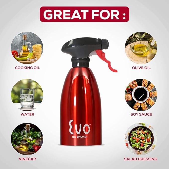 Evo Oil Sprayer Bottle, Non-Aerosol for Olive Oil and Cooking Oils, 18/8 Stainless Steel, Red, 16-ounce Capacity