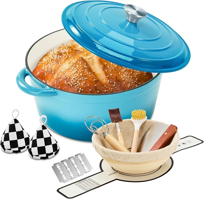 Enameled Cast Iron Dutch Oven pot 6.5 QT with Lid for Bread Baking | Cookware incl. Sourdough Bread-Baking Supplies like Banneton, Dough Whisk, Gloves, Oven Safe for Stews, Roasting, Sea Blue