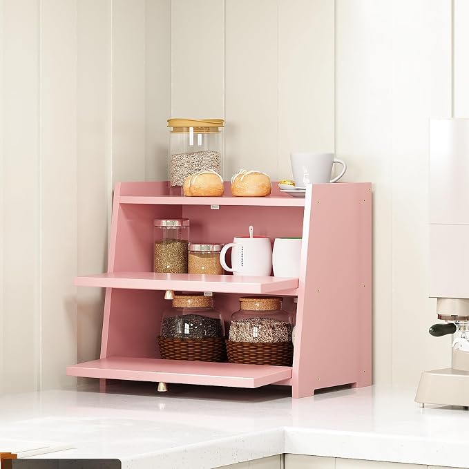 Trironsun Vintage Double Layer Bread Box for Kitchen Counter Bamboo Bread Storage Container Large Capacity Bread Storage Bin (Pink)
