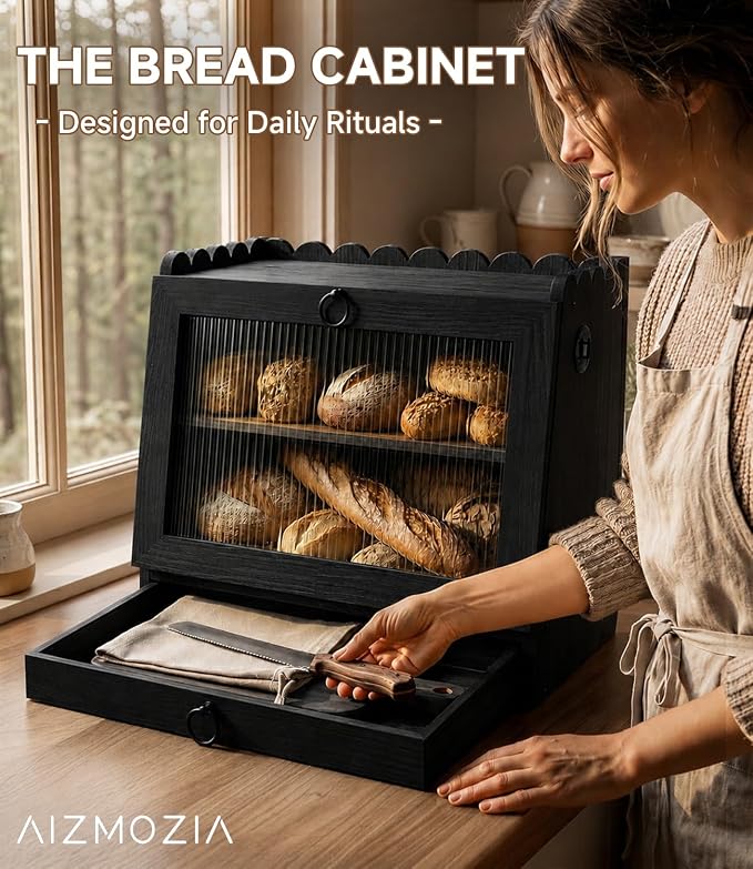 Bread Box for Kitchen Scalloped Countertop Wooden Double Layer Bread | Container Bin Breadbox Holder Large Capacity Keeper Vintage Farmhouse Food Organizer
