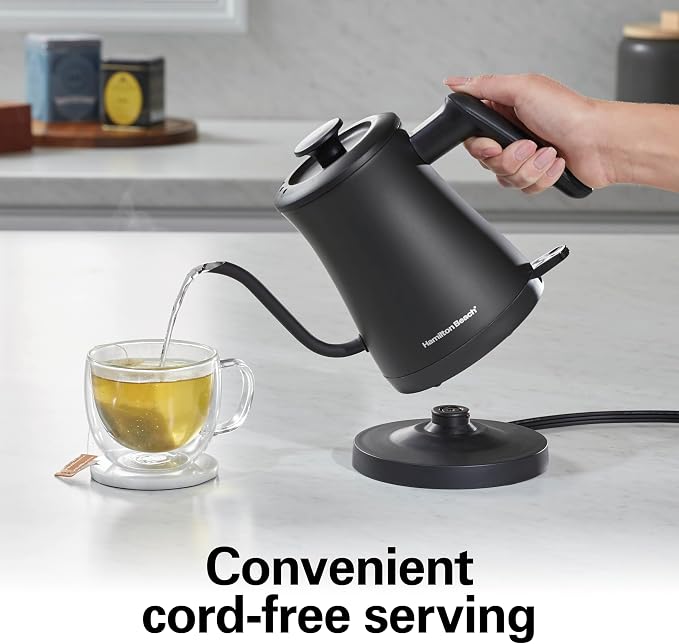 Hamilton Beach Compact 20 oz. / 0.6 Liter Gooseneck Electric Kettle | Boiling Water, Pour Over Coffee, Tea | 1200 Watts | Auto Shutoff | Stainless Steel BPA-Free Interior | Black