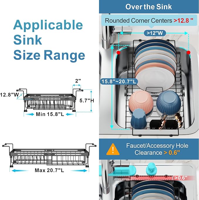 Expandable Dish Drying Rack for Large Kitchen Sink, eavy Duty Adjustable Over Sink Dish Drainer with Square Corners, Rust Resistant with Lock Knob, Fit for Modern Single & Double Sinks, Black