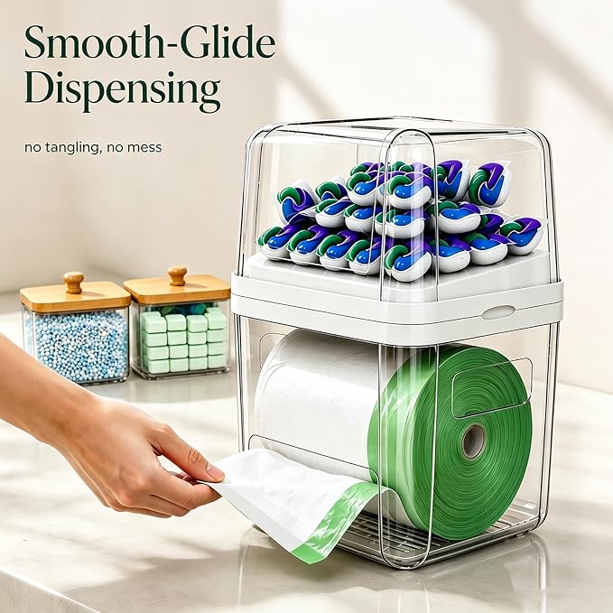 Trash Bag Holder & Dishwasher Pod Dispenser with 2 Bamboo Lid Storage Containers, Clear Acrylic Under Sink Organizer for Garbage Bags, Laundry Detergent Pods & Tabs, Kitchen Pantry Laundry Room