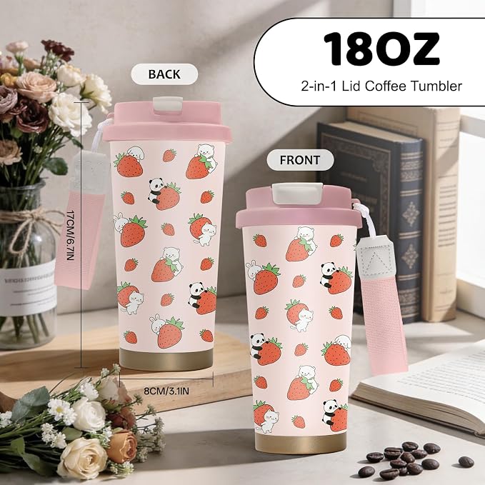 Strawberry Stainless Steel 2-in-1 Lid Coffee Tumbler 18 oz Cute Strawberries Print Insulated Travel Coffee Mug Strawberry Gifts for Women Girls Birthday Christmas