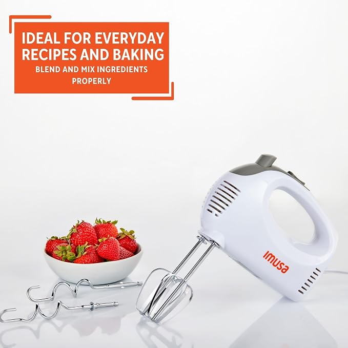 IMUSA USA Hand Mixer with Case 5-Speed ,White, Small | Ideal for Mixing and Blending Tasks