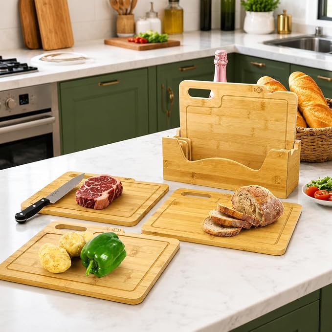 4 Pack 12.5"L x 9.8"W Bamboo Cutting Boards with Holder, Wood Cutting Board Set, Chopping Boards Set with Food Icons, Kitchen Cutting Board Ideal for Meat, Fish, Bread, Vegetable, Fruit