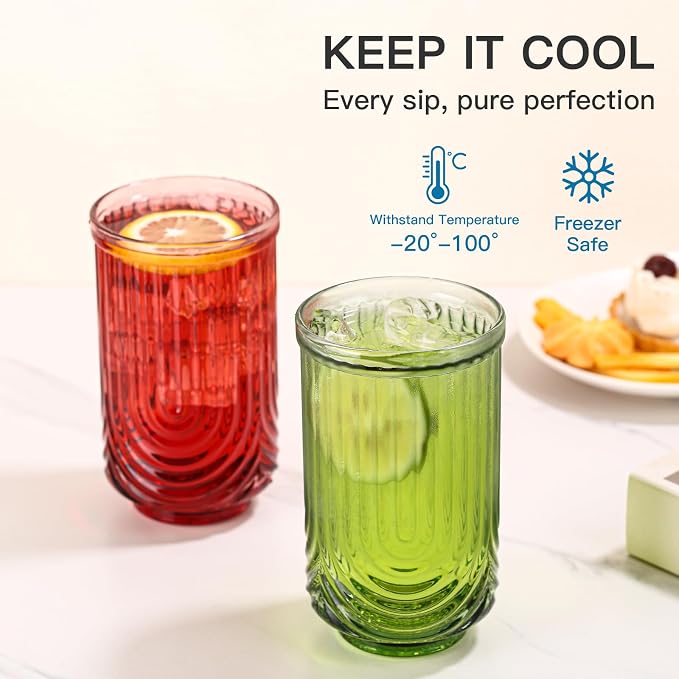 JOVGANK Colored Vintage Glassware Set of 6-17Oz Colorful Water Drinking Glass, Art Deco Ripple Highball Glass, Whiskey Cocktail Glasses, for Bar Ice Coffee Juice, Housewarming Gift