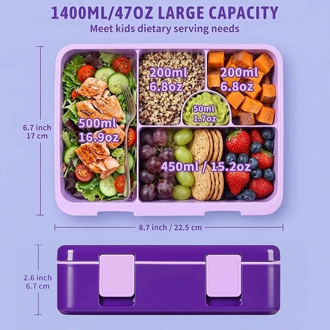 rockpapa Bento Box for Kids - Large 5.5 Cups Lunch Box with Utensils - 5 Compartments, BPA-Free, Leak Proof, Portable Handle for Boys Girls, Microwave/Dishwasher Safe (Purple Mermaid)