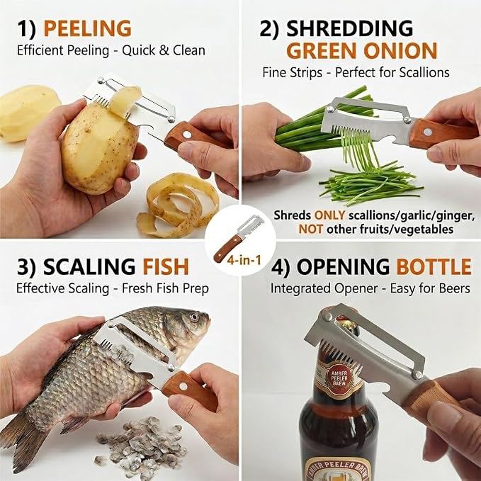 2PCS Multifunctional Julienne Vegetable Peeler for Potato Carrot | Ergonomic Wooden Handle & Bottle Opener, Ultra Sharp Stainless Steel for Kitchen, Veggies, Carrot, Hard Skin Pumpkin, Brown