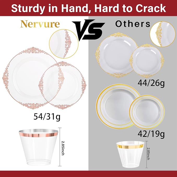 Nervure 175Pcs Rose Gold Plates, Disposable Party Plates for 25 Guests | 25 7.5" Dessert & 25 10.25" Dinner Plastic Plates, 75 Gold Silverware, 25 9oz Cups, 25 Napkin for Wedding & Party, Heavy-duty