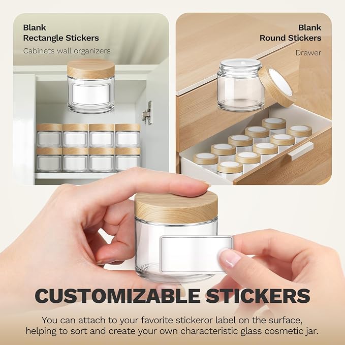 Bumobum 24 Pack 2 oz Small Clear Glass Cosmetic Jars with Wood-Grain Lids | Leakproof, Refillable, Travel-Size, Bulk Empty Lotion Jar with Labels for Cream, Salve, Candle Making, Homemade Skincare