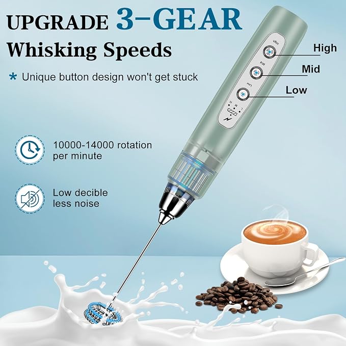 Milk Frother Wand Rechargeable Handheld Whisk Coffee 3 Speed Adjustable | Electric Whisk Drink Mixer with Stainless 3 Whisks Hand Frother , Foam Maker for Latte Cappuccino Matcha Egg Silver