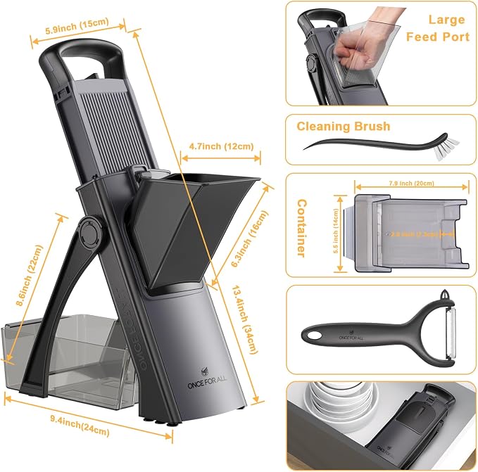 ONCE FOR ALL Safe Mandoline Slicer Plus with Peeler, Bigger Size, Black | 0.1-8mm Adjustable Vegetable Slicer, Potato Slicer Fries Cutter, Detachable Blade, Stainless Steel, Dishwasher-safe, Gift