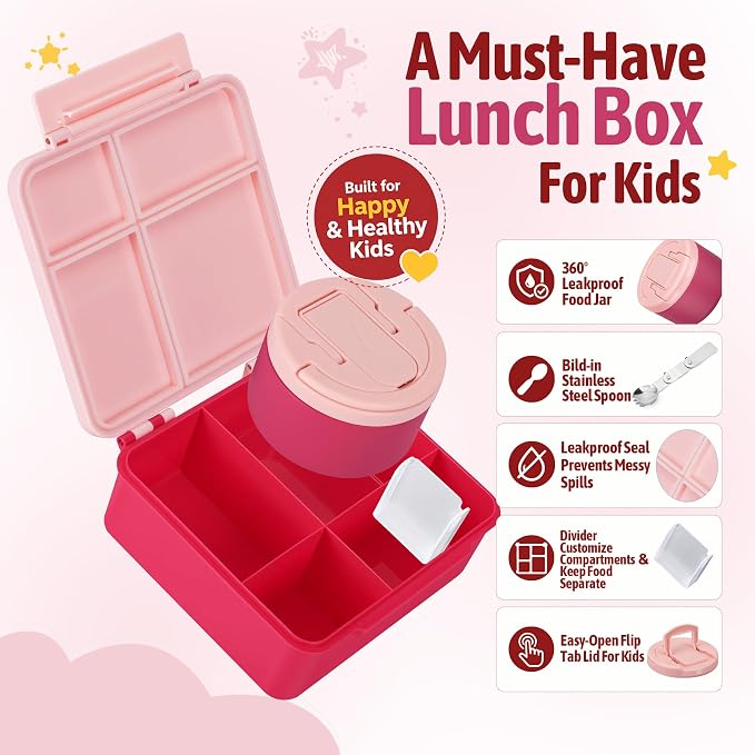Bento Lunch Box Set for Kids with 8 oz Soup Thermo, Leakproof Hot Food Container with 4 Compartments, Insulated Food Jar for Toddler Daycare Boys Girls School - Pink