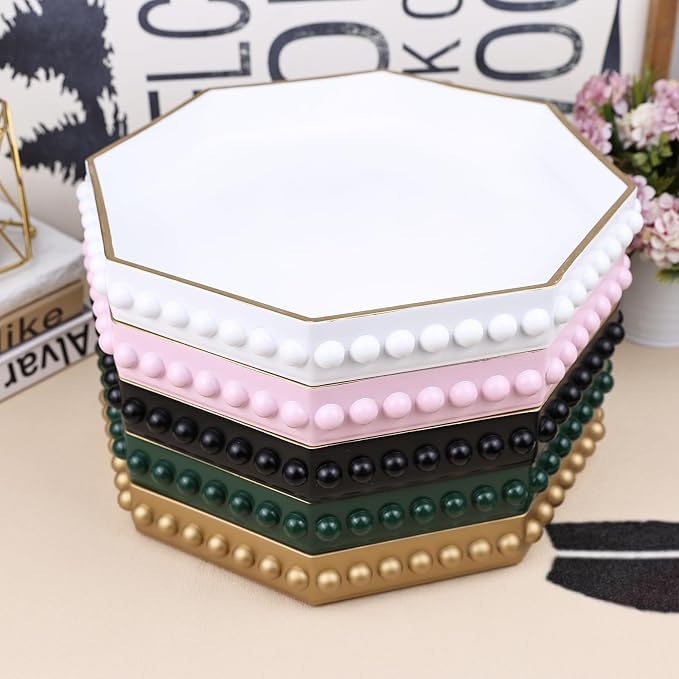 Green Serving Tray for Coffee Table, Octagonal Beaded Plastic Decorative Tray for Ottoman, Kitchen Counter, Living Room, Outdoor Lacquer Tray for Entertaining