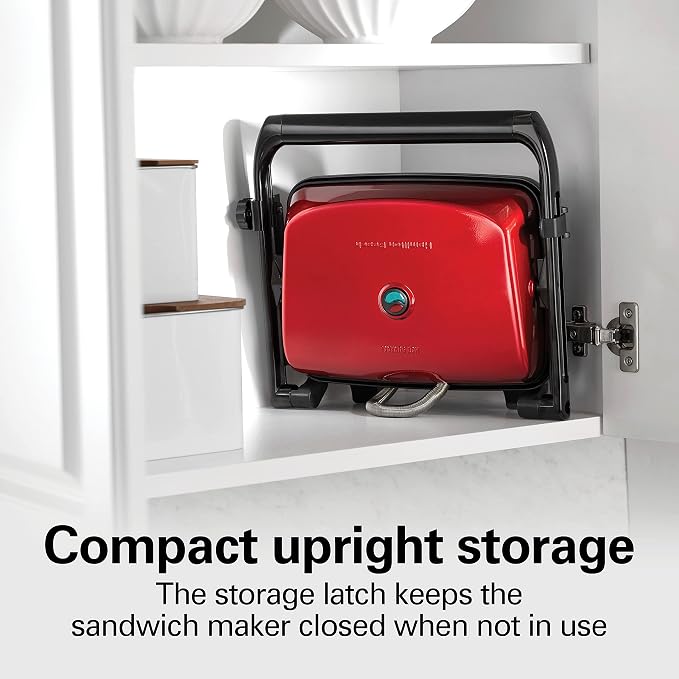 Hamilton Beach Electric Panini Press Grill with Locking Lid, Opens 180 Degrees for Any Sandwich Thickness, Nonstick 8" X 10" Grids, Red (25462Z) | Floating Hinge Evenly Cooks Any Sandwich | Locking Lid | PFAS-Free Non-Stick 8" x 10" Grids | Red