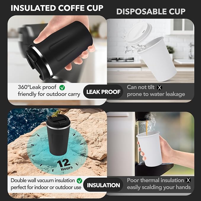 Volhoply 12 oz Double Wall Insulated Vacuum Travel Coffee Mugs with Flip Lid Bulk 2 Pack,Reusable Stainless Steel Leak Proof Coffee Cup,Portable Cafe Thermal Tumbler for Hot & Cold Drinks(Black,2 Set)