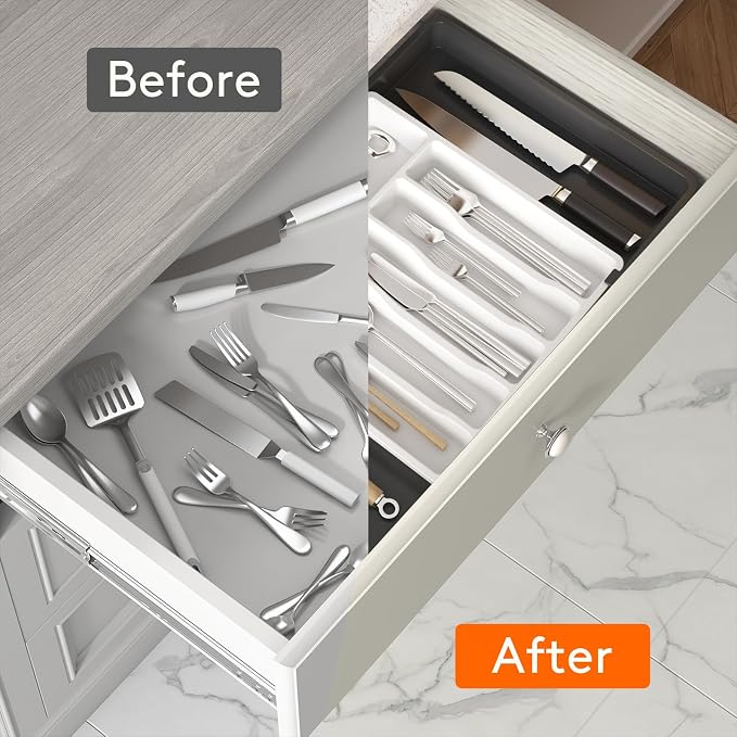 Lifewit Extra Large Silverware Drawer Organizer, Expandable Utensil Tray for Kitchen, BPA Free Flatware Cutlery Holder, Adjustable Plastic Storage for Spoons Forks Knives, 13-22 x 15, White&Black