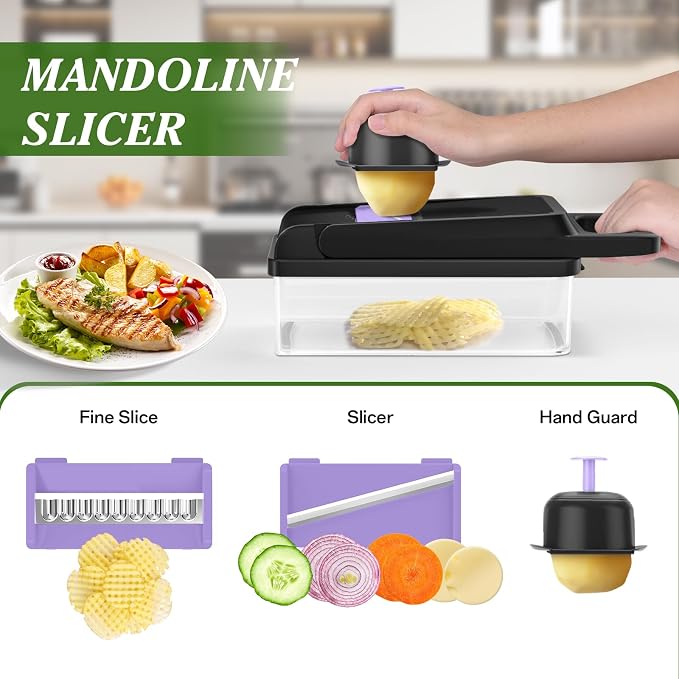 HomeHacks Veggie Chopper Vegetable Cutter, 12 in 1 Kitchen Gadget, Purple | Dicer, Slicer, Cutter, Slap Chop, Cheese Grater & Egg Separator - Multi-Functional Salad Fruit Onion Chopper with Container