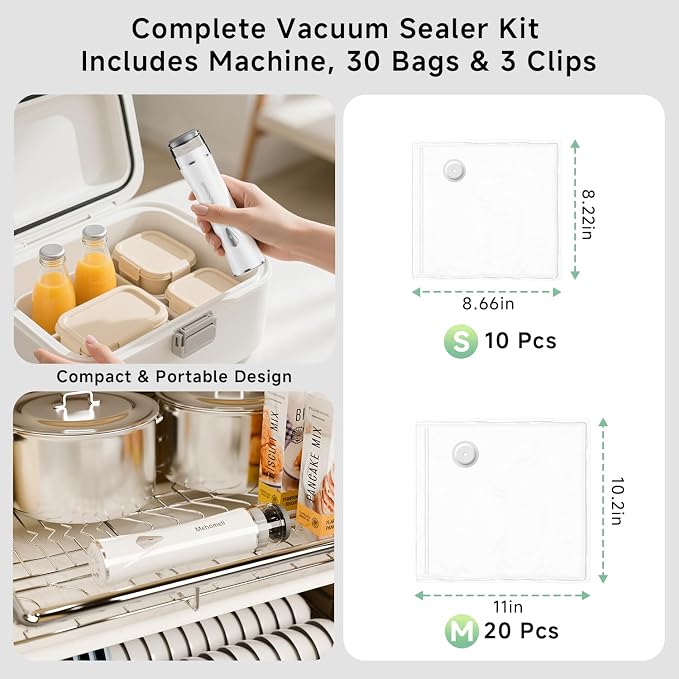 Compact Handheld Vacuum Sealer for Food with 30 Reusable Bags | Powerful 60 kPa suction, Keeps food fresh up to 6X longer, Cordless handheld design, Ideal for meal prep and food storage