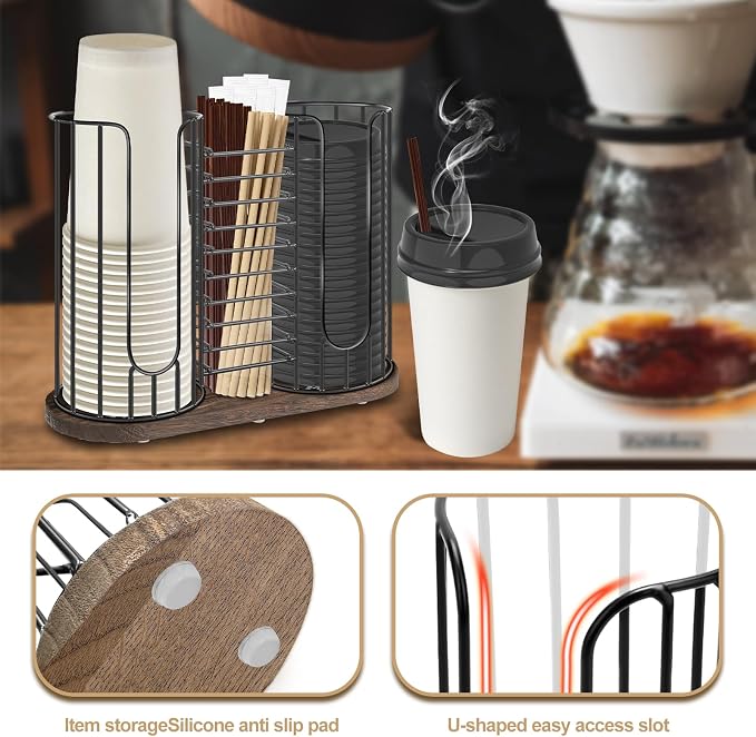 3-Compartment 18oz Coffee Cup Dispenser Rack with Wood Base, Disposable Cup, and Lid Organizer for Countertop - Perfect for Paper Cups, Straws, and Kitchen Cabinet Storage