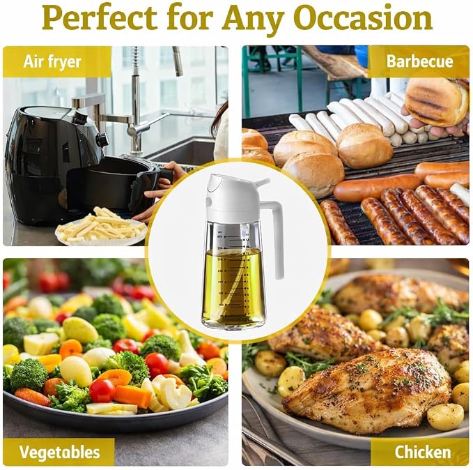 16oz/470ml Glass Olive Oil Sprayer for Cooking, 2 in 1 Oil Dispenser for Kitchen Gadgets, Food Grade Premium Spray Bottle with Portion Control for Salad, Frying, BBQ