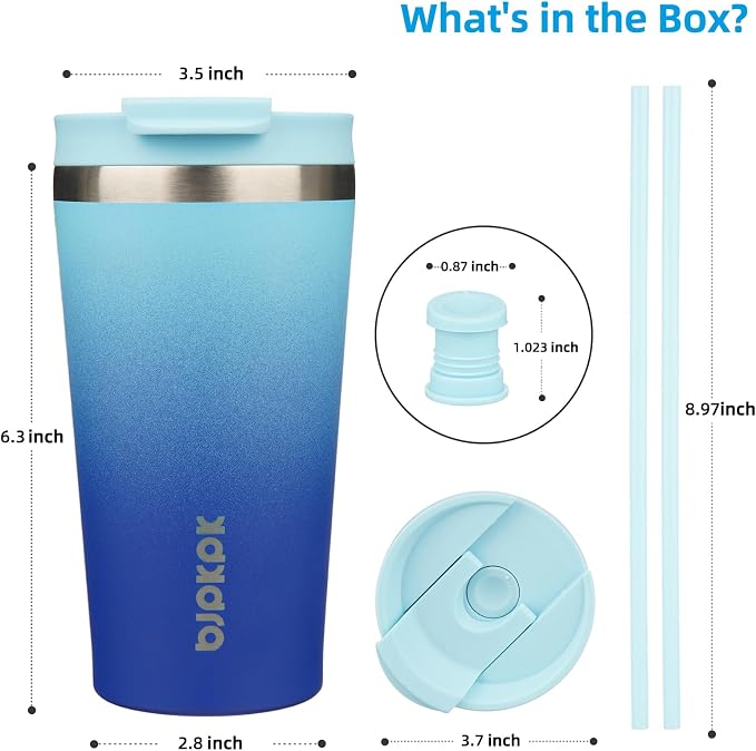 BJPKPK 18 oz Coffee Tumbler with Straw, Insulated Stainless Steel Cup | Double Wall Vacuum, Leak Proof, Keeps Hot/Cold, BPA Free, Dishwasher Safe, Cupholder Friendly, Travel, Sky