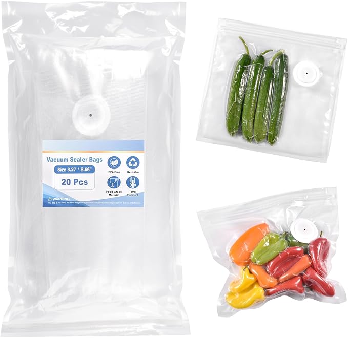 Reusable Vacuum Sealer Bags for Food, 20 BPA-Free Medium (8 x 8in) Food Storage Bags, Freezer, Odor-Resistant, Leak-Proof, Compatible with Vacuum Sealers