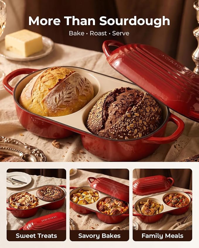 Mini Double Dutch Oven for Sourdough, Enameled Cast Iron Bread Pan, Red | Double Loaf Bread Pan with Lid, Mini Sourdough Dutch Oven for Bread Baking
