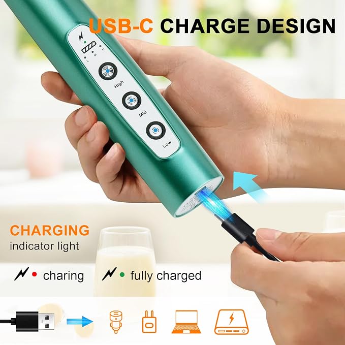 YUSWKO Handheld Milk Frother Wand for Coffee, Rechargeable Electric Whisk with 3 Heads 3 Speeds Drink Mixer Coffee Frother For Latte, Cappuccino, Hot Chocolate, Egg, Green