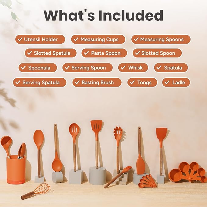 SMIRLY Silicone Kitchen Utensils Set, 22-Piece Acacia Wood Handle, Orange | Cooking Utensils Set, Spatula Set with Utensils Holder, for Nonstick Cookware, for New Home & 1st Apartmen, BPA Free