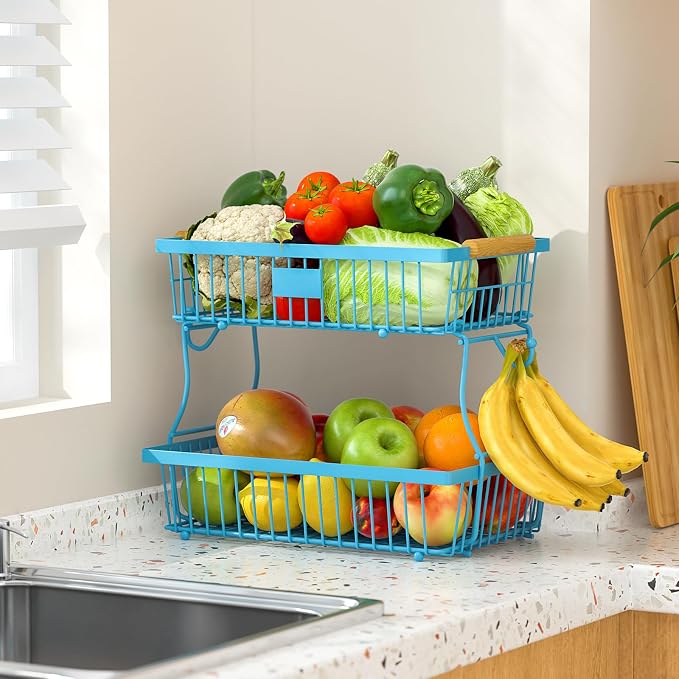 2 Tier Fruit Basket for Kitchen Counter with 2 Banana Hangers, Countertop Metal Bread Basket with Wooden Handle, Large Storage Stand for Vegetables, Snacks, Eggs, Produce Storage – Blue
