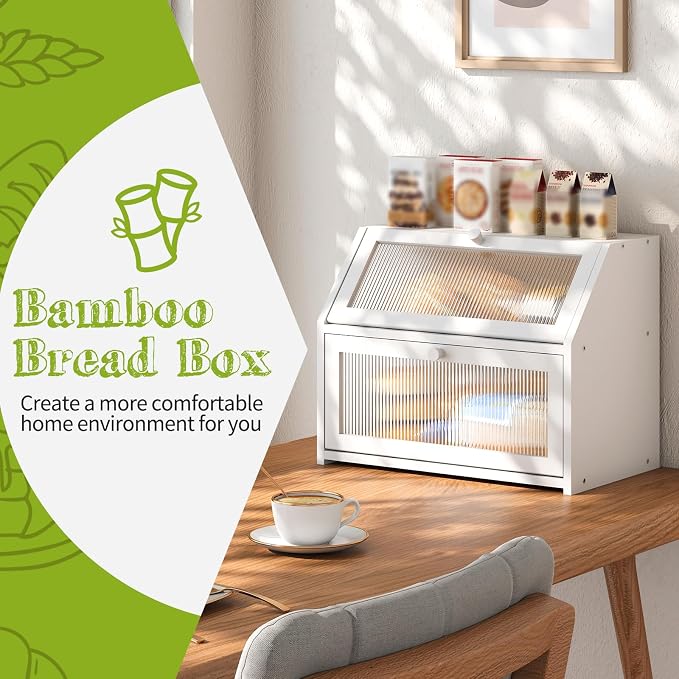 BMOSU Large Bread Box for Kitchen Countertop,Double Layer Bread Box for Kitchen Counter,Bamboo Wood Bread box Capacity Bin Storage(White)