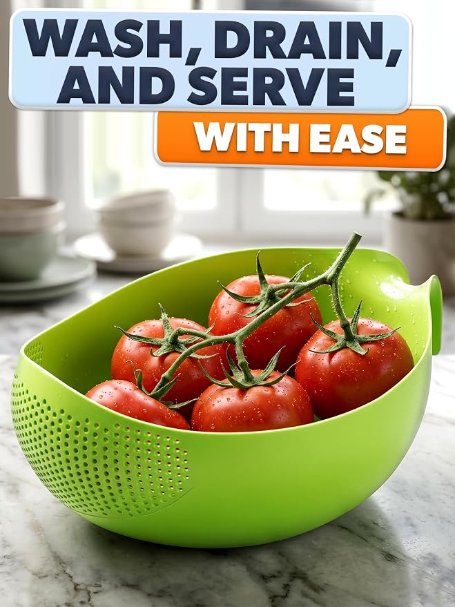 1.7L Rice Strainer with Handle, 9.4 In, Lightweight, ABS (Green) | Rice Washer Strainer Bowl; Drains Water Fast; Rinses Rice, Cereals, Pasta, and Veggies; Easy-Grip Handle; Dishwasher Safe