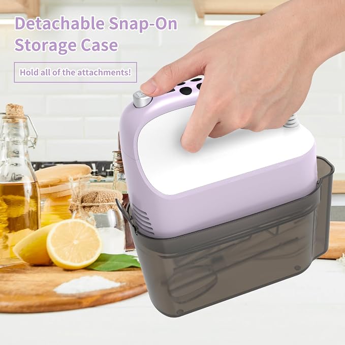 Yomelo 9-Speed Digital Hand Mixer Electric, 400W Powerful DC Motor, Hand Mixer Electric Handheld with Snap-On Storage Case, 5 Stainless Steel Accessories, Beaters, Dough Hooks, Whisk(Lilac Purple)