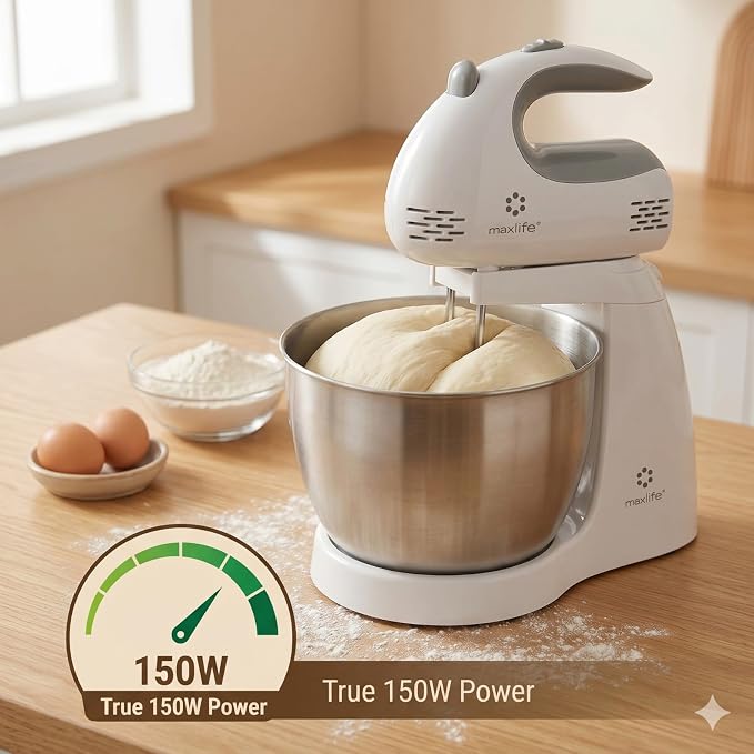 Max Life 3.2 Quarts Stand Mixer - 5-Speed Electric Powerful Stand Mixer, White, with Stainless Steel Bowl, Dough Hooks, Beaters,