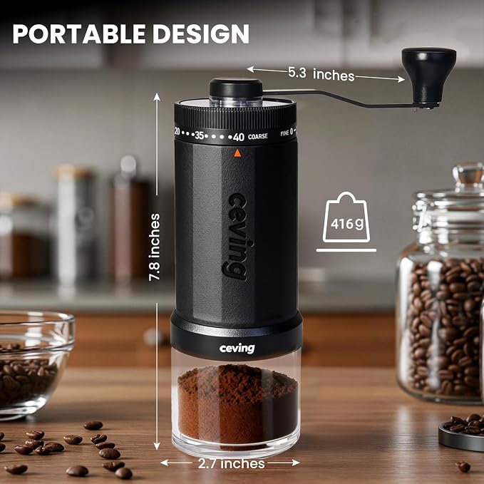 CEVING World's First 60g Large Capacity Manual Coffee Grinder, Black | 40 External Settings, Portable Hand Coffee Bean Mill with Stainless Steel Conical Burr for Travel, Camping, Pour Over & Gift