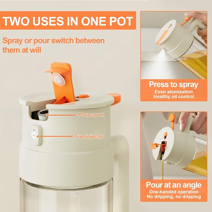 650ml/22oz Oil Sprayer for Cooking, 2 in 1 Glass Olive Oil Sprayer, Food Grade Premium Spray Bottle for Salad, Frying, BBQ 2026 Upgrade (Off-White)