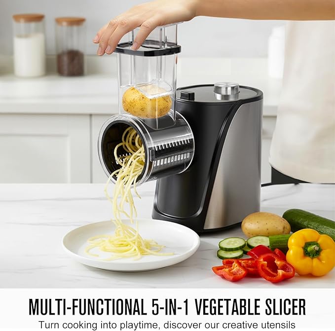 5-in-1 Electric Vegetables Chopper 250W Food Processor Veggie | Large Feed Chute, One-Touch Operation Slicer Shredder Grater for Carrots, Potatoes, Nuts, Crackers
