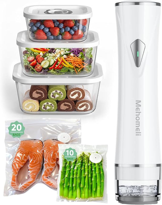 Compact Vacuum Sealer Set with 3 Glass Containers and 30 Bags | Powerful 60 kPa suction, Keeps food fresh up to 6X longer, Ideal for meal prep, Durable borosilicate glass containers