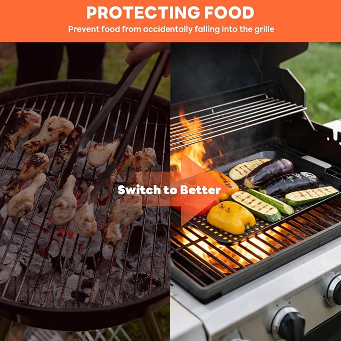 2PCS Grill pan, BBQ Grill Topper for Outdoor Grill with Hole, Non-stick enamel coating, suitable for picnicking, camping, yard (2 pieces)
