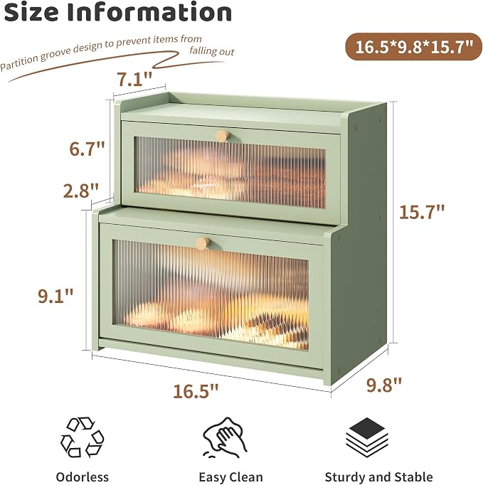 Bread Box for Kitchen Countertop Double Layer Large Corner Bread Box Capacity Bread Storage Bin Farmhouse Breadbox Container Organizer Cabinet Cupboard (Green)