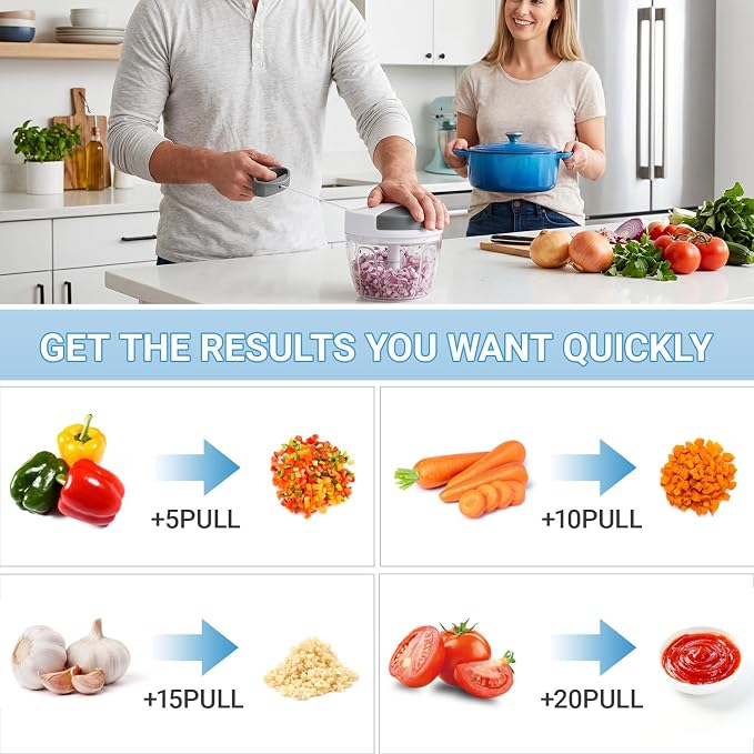 SUSTEAS Manual Food Chopper Pull Chopper with String, Garlic Mincer 650ml | Vegetable Cutter with String Garlic Mincer Onion Cutter for Veggies, Ginger, Salad, Fruits, Nuts, Herbs, etc, Gray