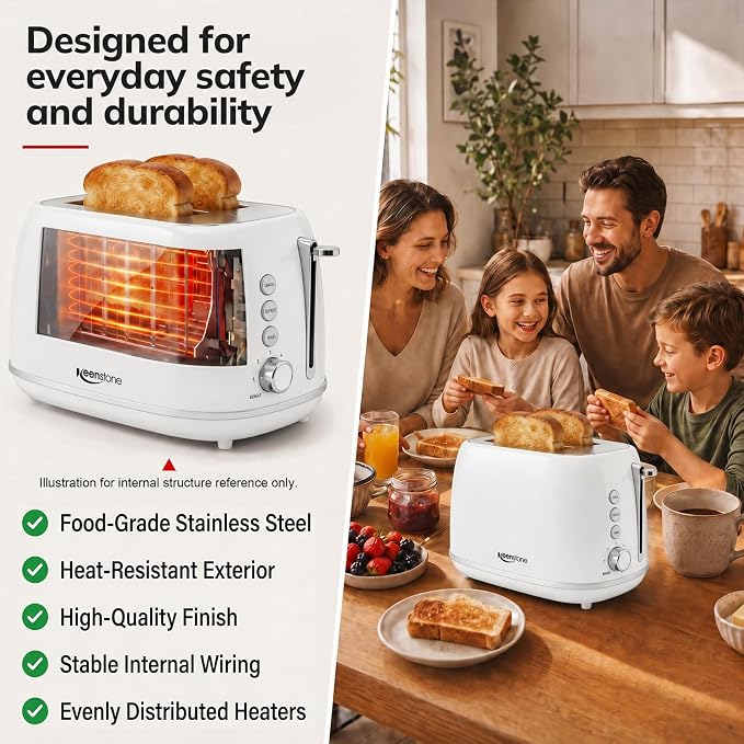 Keenstone 2 Slice Toaster, Retro Stainless Steel Kitchen Essentials, White | Retro Kitchen Decor, 18/8 Food-Grade Steel, 1.5” Slots & 6 Browning Levels, Bagel/ Defrost/ Reheat, Removable Crumb Tray